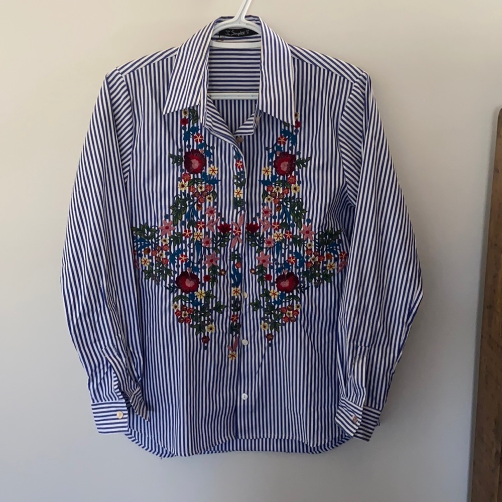 Embroidered blue striped button down, boyfriend fit